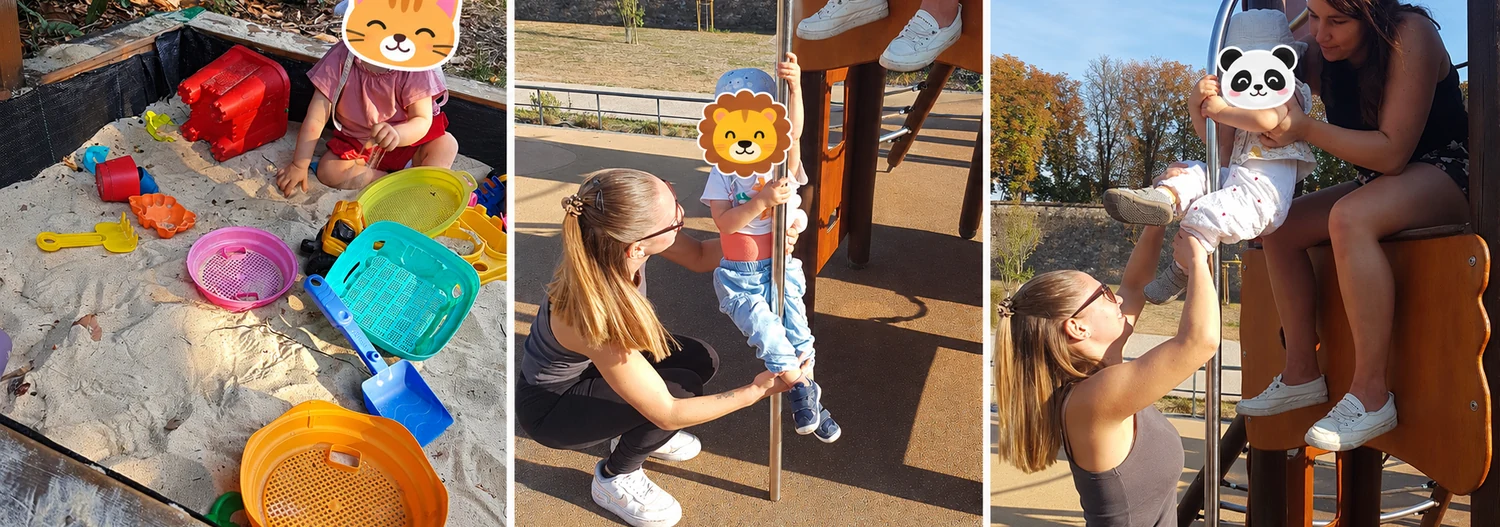 Enfants au bac à sable et sur les structures de jeu, micro-crèches de Sélestat